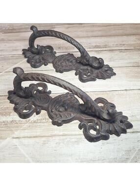 2 Lg Rustic Brown Cast Iron Handles Shed/Gate/Barn Pulls w/Lion Heads 9.25" Long